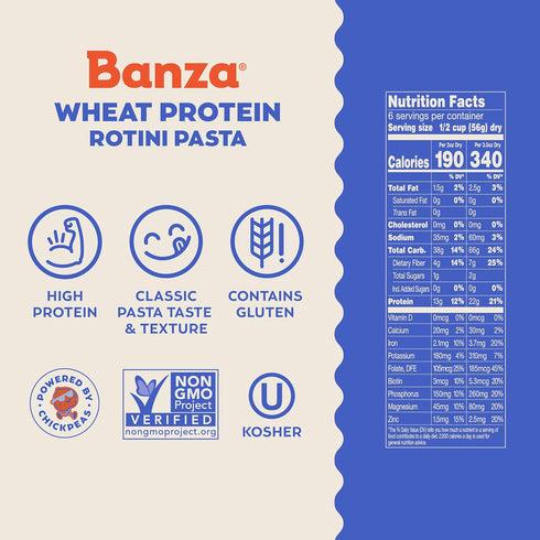 12 oz 22g Banza Wheat Protein Rotini Pasta - Box - High Protein Pasta with per Serving - No-Compromises Taste & Texture
