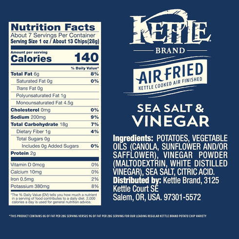 6.5 Oz Kettle Brand Potato Chips, Air Fried Sea Salt & Vinegar Kettle Chips, Bag