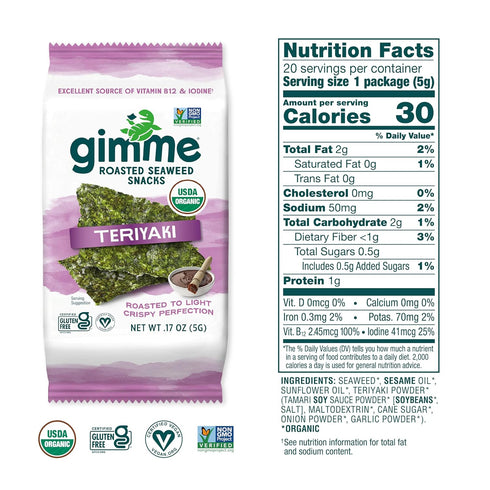 Gimme 20 Count, Omega3s Seaweed Organic Premium Roasted Seaweed Snacks, Teriyaki, Keto, Vegan, Gluten-Free, Great