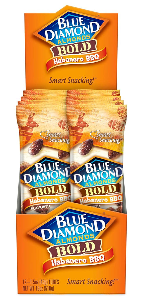 1.5 12 Pack Blue Diamond Almonds, BOLD Flavored Habanero BBQ On-The-Go Snack Nuts Perfect for Road Trips, Lunches, Kids
