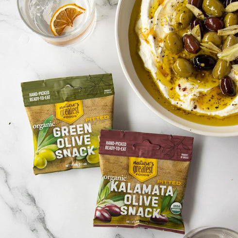 1.1 Oz (Pack 24) Organic Green Pitted Olive Snack by Natures Greatest Foods Ready to Eat, Freshly Seasoned, Low Calorie