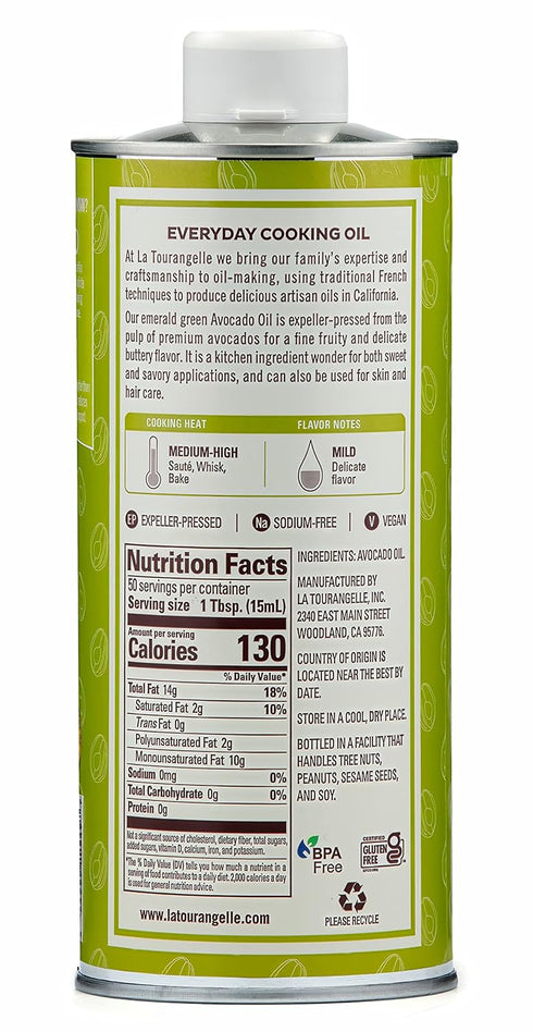 La Tourangelle, Avocado Oil, All-Natural Handcrafted from Premium Avocados, Great for Cooking, as Butter Substitute, and for Skin and Hair, 25.4 fl oz