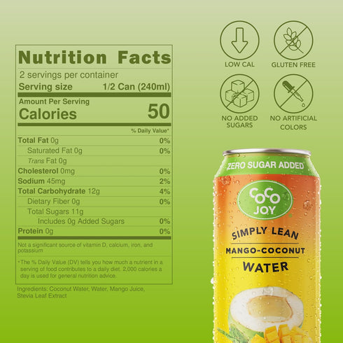 12 pack CoCo Joy Lean Mango Coconut Water, Zero Sugar Added, Low-Carb, High-Calcium, Nutrient-Rich Drink