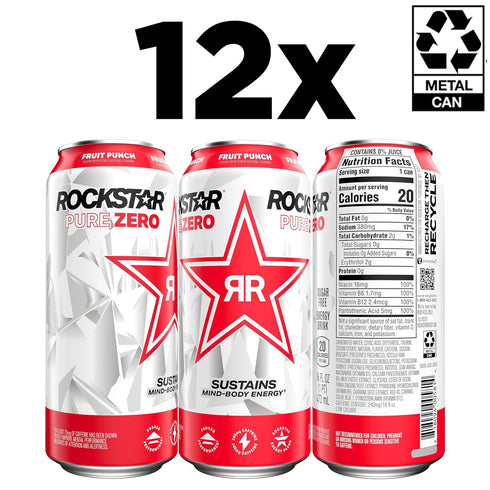 0 16oz (12 Pack) (Packaging Rockstar Pure Zero Energy Drink, Fruit Punch, Sugar, with Caffeine and Taurine, Cans May