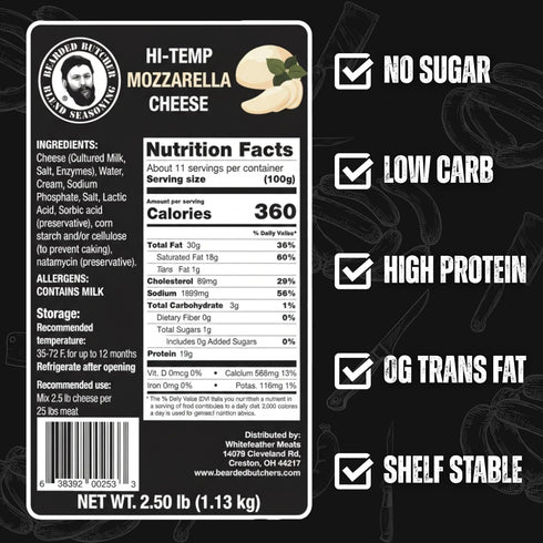 Mozzarella Pack 2 (2.5 lb 5 lbs 1/4-Inch 25 lbs 400F Bearded Butchers High-Temp Cheese, of Bags) Total, Shelf-Stable