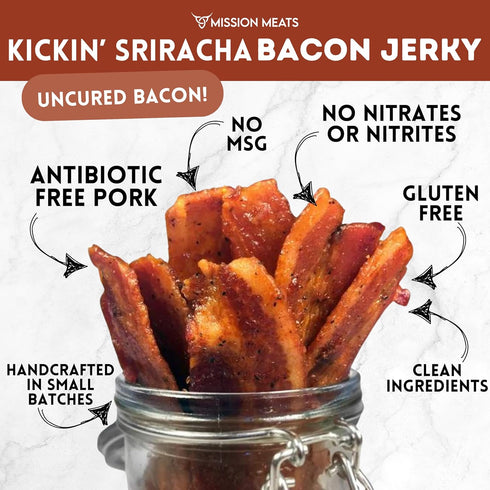 Mission Meats Candied Bacon Jerky (Sriracha) - Delicious Savory & Sweet Snack, Gluten Free, 2oz (Pack of 3)