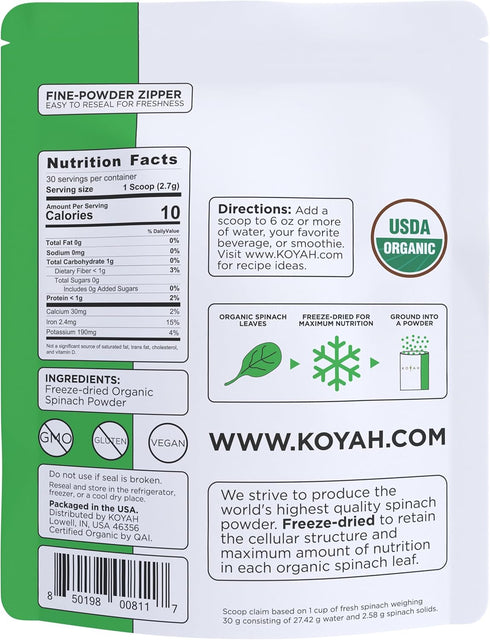 KOYAH Organic Spinach Powder - Equivalent to 30 Cups Fresh, Freeze-Dried Whole-Leaf Powder