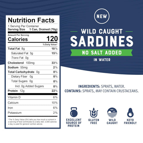 3.75 oz (Pack 2) Bumble Bee Sardines in Water with No Salt Added, Tin - Wild Caught, Gluten Free, Keto, Kosher, Clean