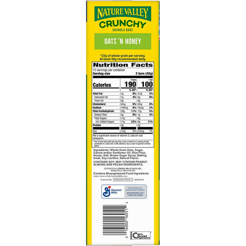 30 22.35 oz (15 Nature Valley Crunchy Granola Bars, Oats 'n Honey, Ct, Pouches)