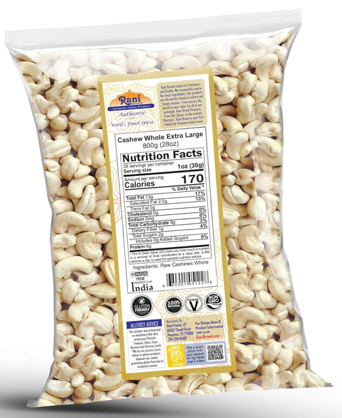 W180 28oz (800g) Rani Raw Cashews Whole Extra Large (uncooked, unsalted) ~ All Natural, No Preservatives | Vegan |