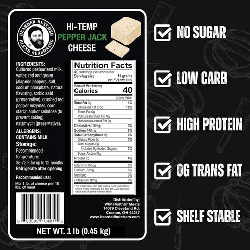 1 lbs 1/4" 10 lbs 400F Bearded Butchers High-Temp Pepper Jack Cheese Shelf-Stable Cubes for Up to of Meat