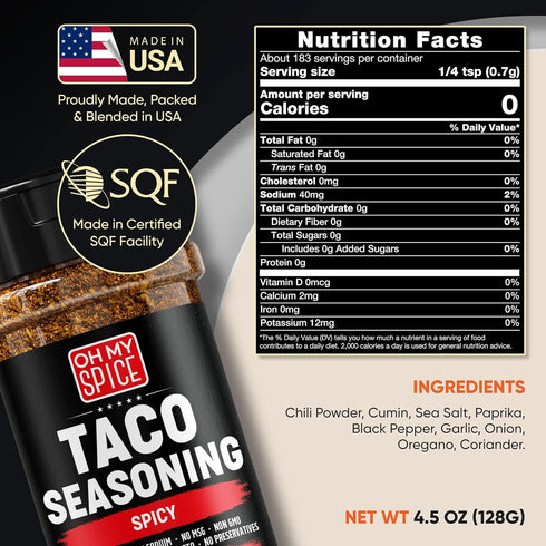Taco Seasoning Mix, Spicy Chili Powder - Gluten Free & Low Sodium Mexican Seasoning Blend for Tacos