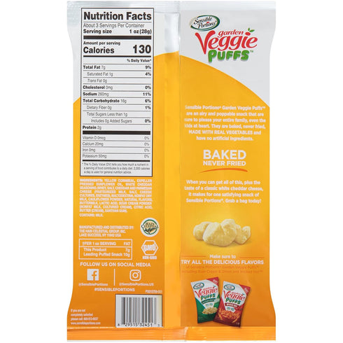 3 oz (Pack 6) Sensible Portions Garden Veggie White Cheddar Flavored Baked Corn Puffs