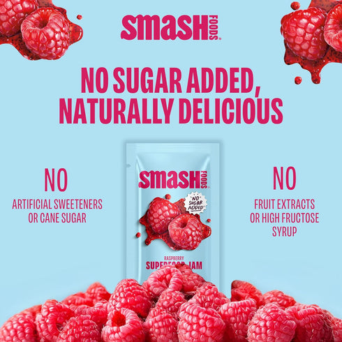 Packets 10 Smash Foods Raspberry Jam Squeeze | Single Serve | Natural, Keto & No Sugar Added | Vegan & Upcycled Fruit