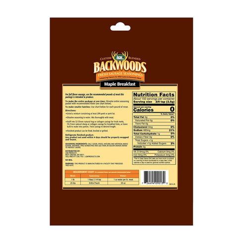 25 13.5 Packet LEM Products Backwoods Maple Breakfast Fresh Sausage Seasoning, Ideal for Wild Game and Domestic Meat