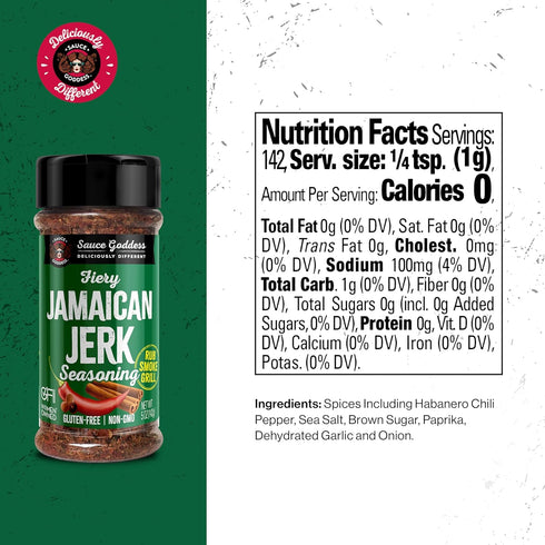 Sauce Goddess Fiery Jamaican Jerk Spice Shaker, Low Sugar, Low Sodium, Vegan Friendly Seasoning for Cooking