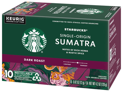 100% 10 (Pack 3 Starbucks Coffee K-Cup Pods, Single-Origin Sumatra Coffee, Dark Roast Arabica Coffee, Keurig Genuine