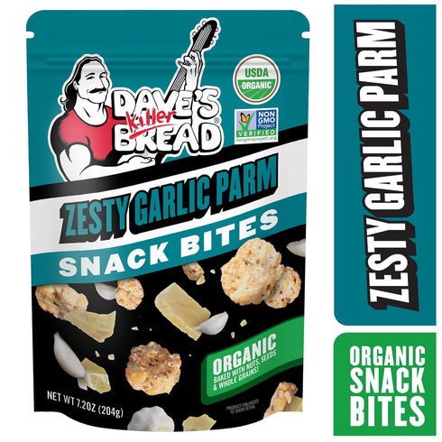 7.2 OZ (Pack 3) Dave's Killer Bread ZESTY GARLIC PARM SNACK BITES, with Branded Sticker