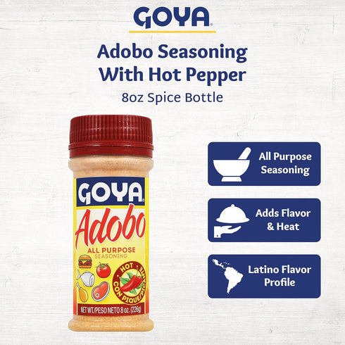 8oz. Adobo Hot All Purpose Spice by Goya, Poultry, Seafood, Meat, and Vegetable Seasoning, Latin Spicy Blend, Mexican