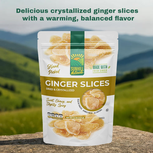 Sunhill Naturals Crystalized Ginger Slices, Dried Slices with Natural Sweetness, Premium Ginger Pieces, Sweet & Spicy