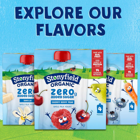 Stonyfield Organic 3.5 oz., 4Ct Kids Zero G Added Sugar Whole Milk Yogurt Pouches, Cherry Berry Pear