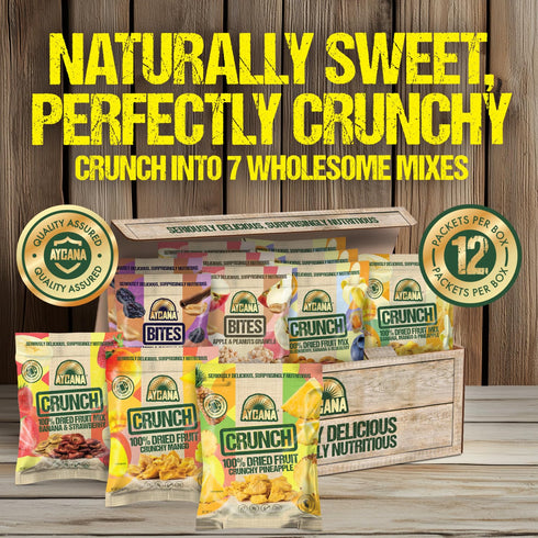 Pack, 12 Aycana Fruit Crunchies Dried Fruit & Granola Bites Banana, Golden Berry, Blueberry, Pineapple, Mango