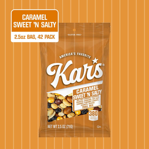 2.5 oz Packs (Pack 42), Kars Nuts Caramel Sweet N Salty Trail Mix, Grab & Go Bags, Individual Snack of Gluten-Free