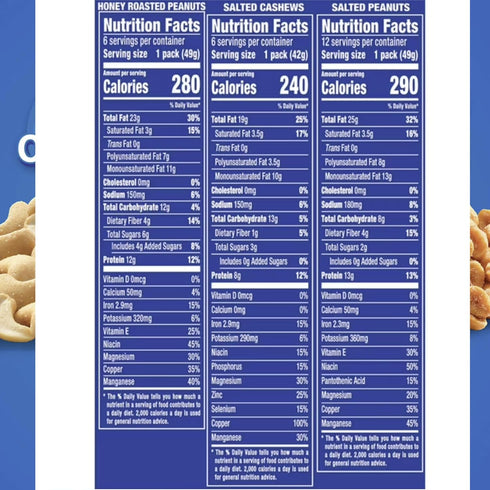 Vallary Pack 10 3 4 3 Nut Variety Individually Wrapped Snack Bags | Salted Cashews, Salted Peanuts & Honey Roasted
