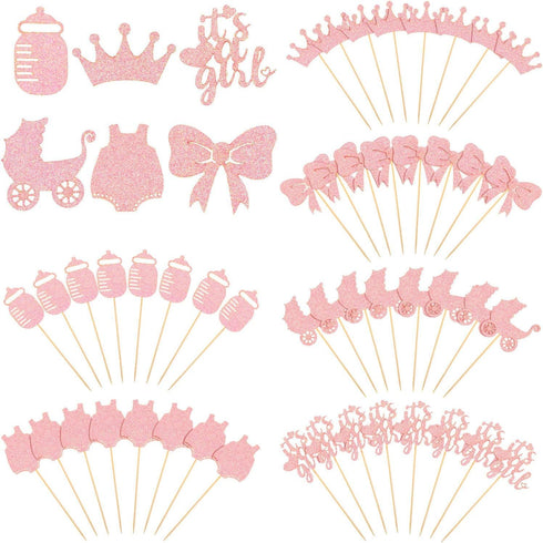 48 Pieces Baby Shower Cupcake Toppers for Girls, Glitter Pink Baby Girl Food Picks