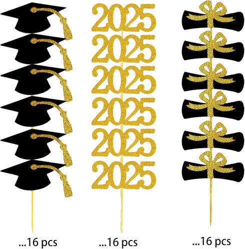 2025 Graduation Cupcake Toppers, 48 PCS Food/Appetizer Picks, Grad Cap Set, Diploma, Mini Cake Decorations