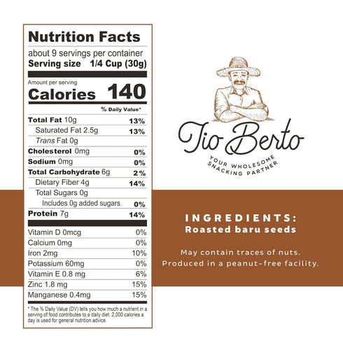 Tio Berto 10 oz Baru Nuts Roasted, Resealable Bag | Crunchy and Delicious | Suitable for Vegan, Gluten Free, Keto