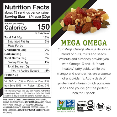 14 Power Up Trail Mix, Mega Omega Trail Mix, Non-GMO, Vegan, Gluten Free, No Artificial Ingredients, Gourmet Nut, Ounce