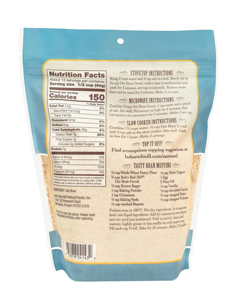 18oz (Pack 4) Bob's Red Mill Oat Bran, of - Non GMO, Vegan, Kosher