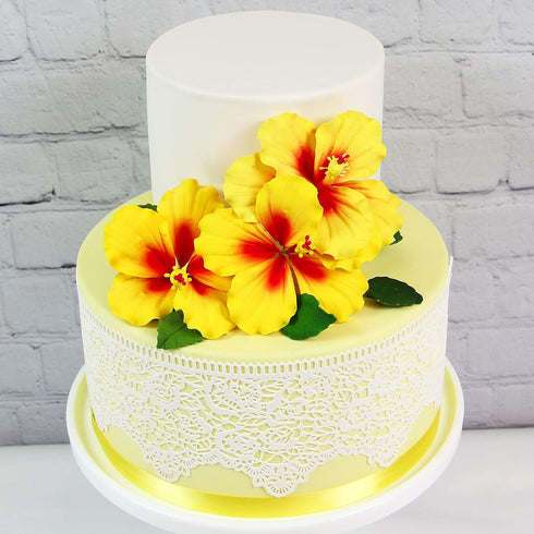 3 Count Global Sugar Art Hibiscus Sugar Cake Flowers, Yellow with Red, with Leaves by Chef Alan Tetreault