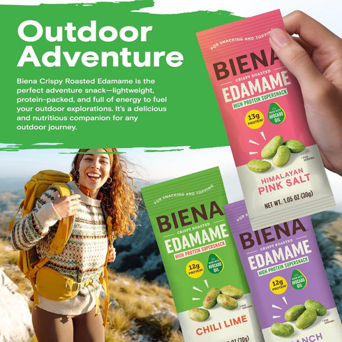 12g-13g 18-Pack 1.05oz Pack Biena Crispy Roasted Edamame Beans Snack High Protein Low Carb Snack for Adults & Kids