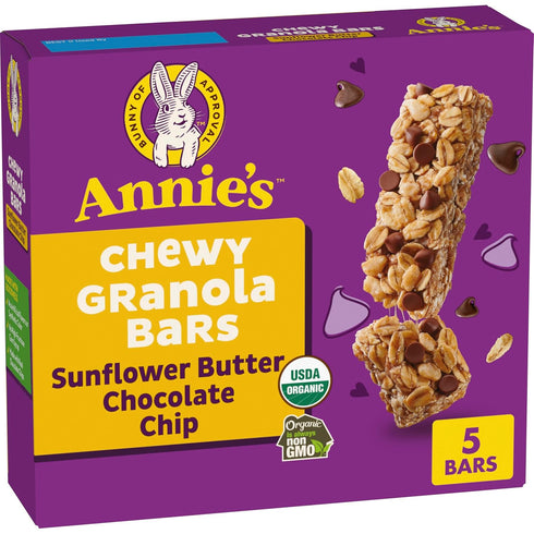 Annie's Chewy Granola Bars, Sunflower Butter Chocolate Chip, Organic Snacks, 5 Count,