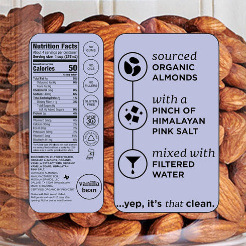 4 12 Pack Mooala Organic Simple Almondmilk Vanilla- Shelf Stable Single Serve Cartons, Ingredients, No Gums, No Oil, No