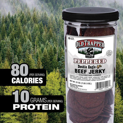 21oz. 80-Piece 10 80 (Pack Old Trapper Double Eagle Beef Jerky, Peppered Flavor, Jar, Natural Wood Smoked Meat Snacks