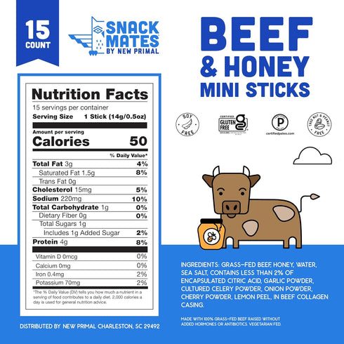 4g 50 15 Pack New Primal Snack Mates Beef & Honey Sticks, Healthy Snacks for Kids, Low Sugar High Protein Back