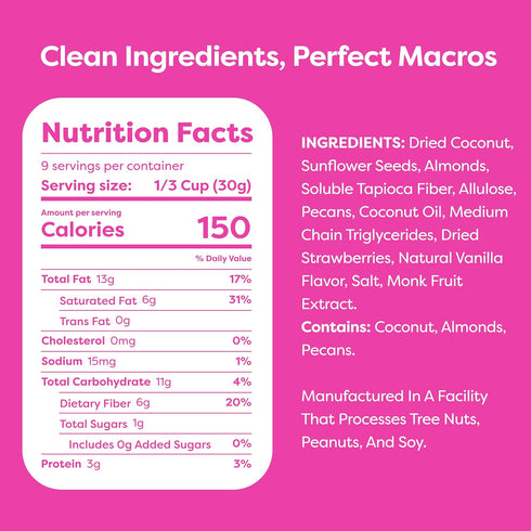 Kiss My Keto Granola Cereal - Strawberry Vanilla Low Carb Granola (2g-Net), Gluten Free, Keto Nut Granola