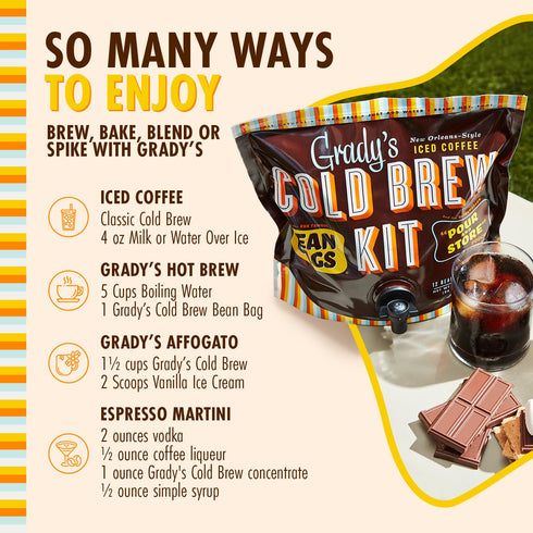 100% 12 36 GRADYS COLD BREW, New Orleans Style, Arabica Ground Coffee & Chicory Pouches, All-in-One Cold Brew Kit