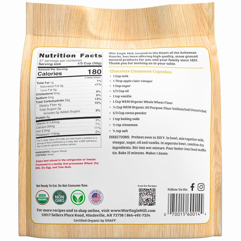 48 oz (Pack 2) War Eagle Mill Organic Whole Wheat Flour, Bag