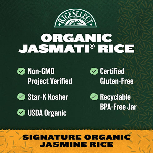 32-Ounce RiceSelect Jasmati Organic Rice, Long-Grain Organic Jasmine Rice, Premium Gluten-Free Rice, Non-GMO, Jar