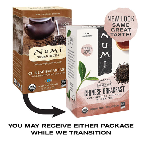 18 Count (Pack 6), Numi Organic Tea Chinese Breakfast, Box Of Tea Bags Of Yunnan Black Tea