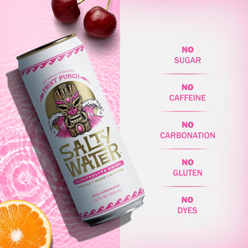 10 12 Pack (12 oz) SaltyWater Electrolyte Drink, Fruit Punch Zero Sugar Premium Hydration Drink, Calories, Minerals
