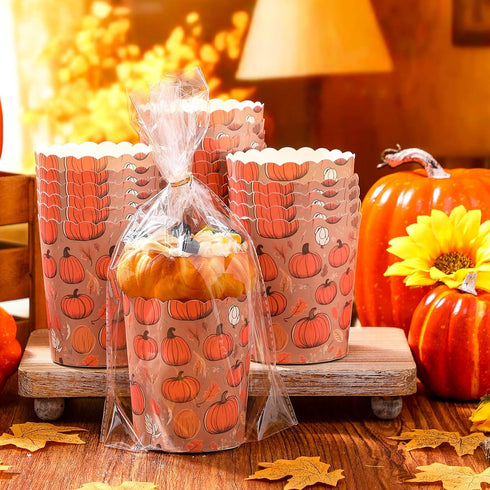 50 Sets 12oz Sets Potchen Fall Panettone Paper Mold Disposable Autumn Paper Bread Molds Baking Cake Pan with Clear