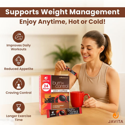 (1 box/24 Javita Burn + Control Instant Coffee Smooth Arabica, Robusta Blend with Garcinia & Yerba Mate Supports