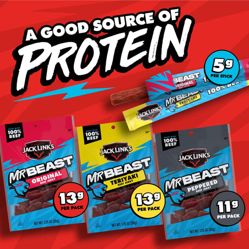 Pack 100% 9 Count Jack Link's x MrBeast Beef Jerky and Sticks Variety - Original, Peppered & Teriyaki - Ready to Eat