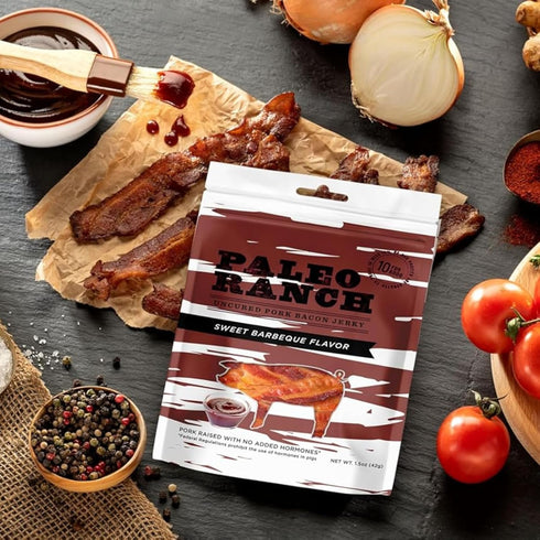 1.5-oz. (Pack 4) PALEO RANCH Uncured Bacon Jerky, Sweet BBQ, No Added Hormones, No Preservatives, Pouches