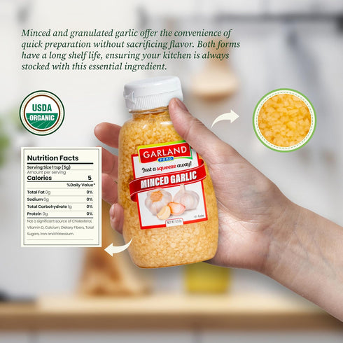 9.5 oz Garland Food Squeezable Minced Garlic in Water Made in the USA - Garlic Minced Squeeze Bottle for Fresh Flavor